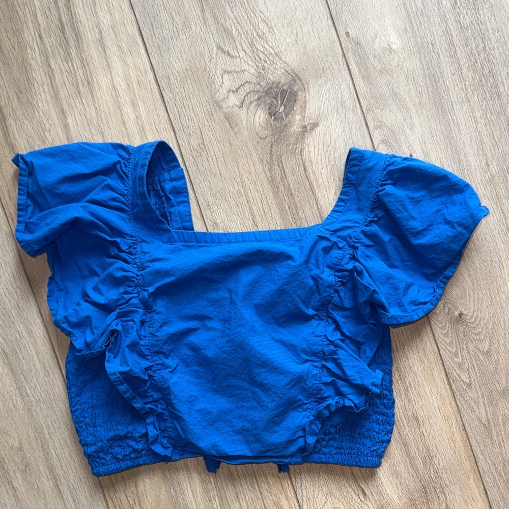 HT 360 COLLECTIVE Royal Blue Flutter Sleeve Cropped Tie Open Back Top Blouse